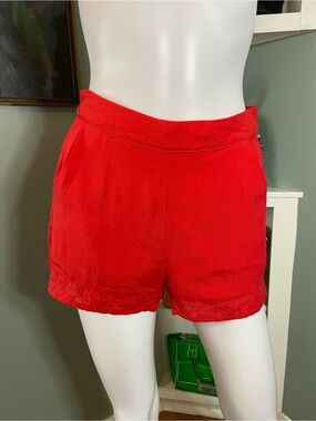 The Impeccable Pig Red-Orange High-Waist Shorts Eyelet Trim Small S